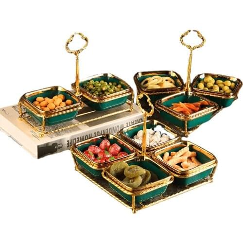Fruit plate tableware Nordic dark green snack platter ceramic dried fruit snack bowl with metal base double decoration