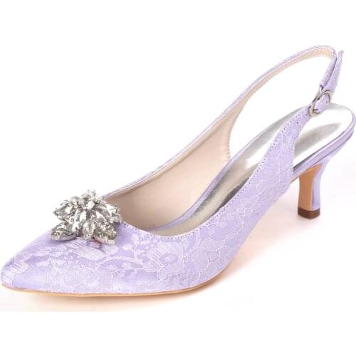 Slingback Pointed toe Lace Lady heels with Crystal Big Stone brooch Ivory White Lavender Bridal Wedding Prom Dance shoes elegant