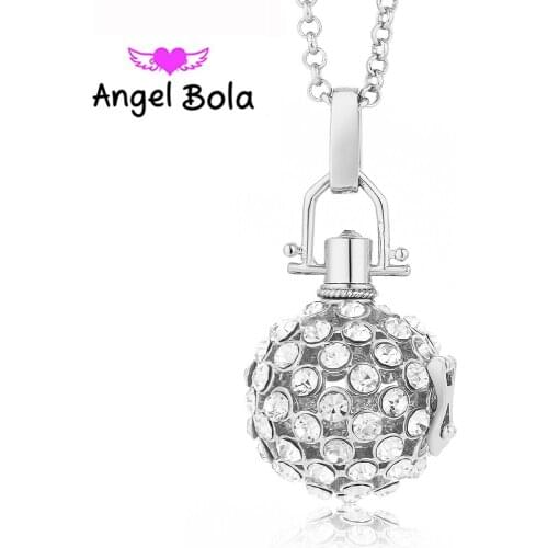 Vintage 20.5mm Angel Bola Harmony Caller Necklace Crystal Inlaid Copper Cage Pendant Sound Ball Jewelry for Mom Gift L049