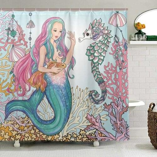 Cartoon Mermaid Play with Seahorse Bathroom Shower Curtain Watherproof 100% Polyester Fabric Curtain for Bathtub Decor