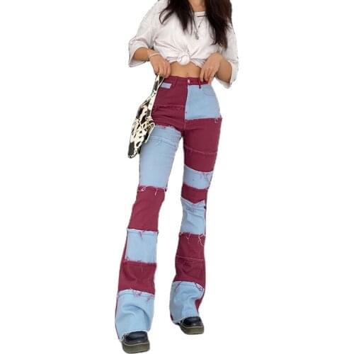 Fanco 2020 New Fashion Womens Patchwork High Waist Casual Denim Jeans Female Flared Trousers Autumn Streetwear Long Pocket