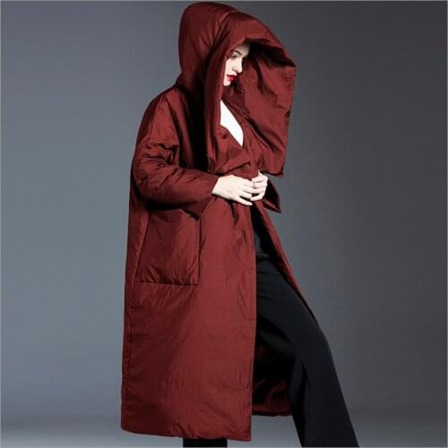 Lady red/black color mid-length thickened over the knee ladies down jacket Hooded 90 white duck down jacket warm Coat clothes