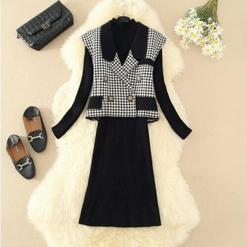 2020 Autumn Elegant Geometric Plaid Waistcoat Tops Kintted Suit + Long Sleeve knitting Midi Korean Dress Two Piece Women