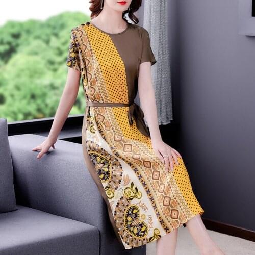 2021 Vintage Print Mulberry Silk Satin Midi Dress Summer New 3XL Plus Size Patchwork Dress Women Elegant Bodycon Party Vestidos