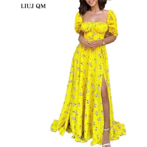 Summer Short Sleeve Dresses For Women 2021 Robe Longue Femme Yellow Maxi Floor-Length Floral Dress Slit Sexy Long Dress Bohemian