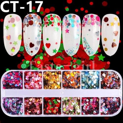 12 Grids/Set Mixed Color star heart Round Nail Glitter Flakes 3D Sequins Paillette Powder Charm Nail Art Decoration Manicure