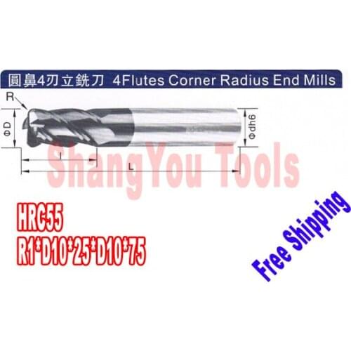 2pcs 10mm hrc55 R1*D10*25*D10*75 4 Flutes Milling tools Mill cutter Corner Radius End Mill CNC router bits