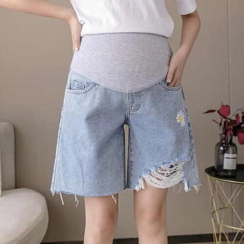 8903# Maternity Jeans Shorts Maternity Jeans Summer Half Pants Cropped Denim Half Pants Elastic Waist Maternity Trousers