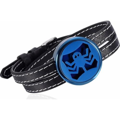 IJC002 Stainless Steel Black Leather Blue Strap Aromatherapy Bracelet Essential Oils Diffuser Perfume Free12 Pads Bracelet