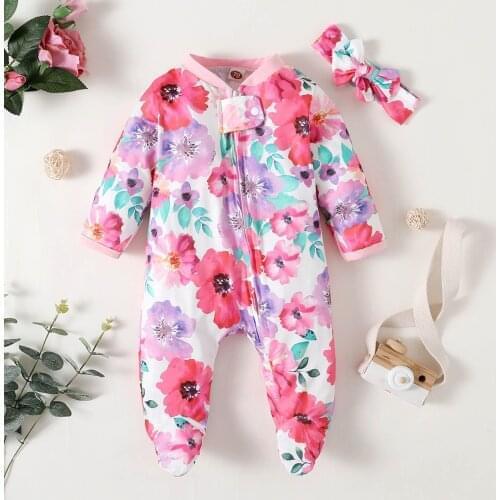 Toddler Kids Baby Girl Clothes Autumn Printed Long Sleeve Romper Jumpsuit +Headband Suit Infant New Born Clothing ropa bebes