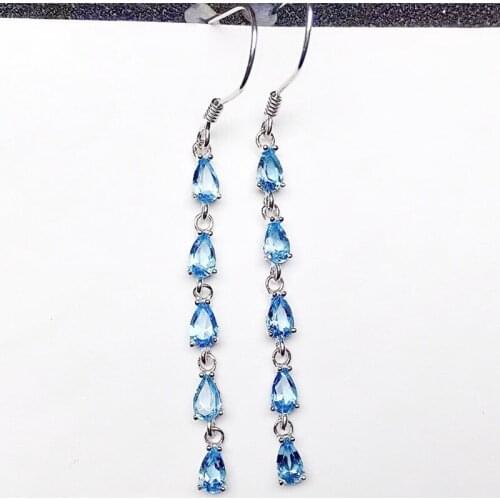 Natural real blue topaz long drop earring Per jewelry 3*5mm 0.3ct*10pcs gemstone 925 sterling silver Fine jewelry X218373