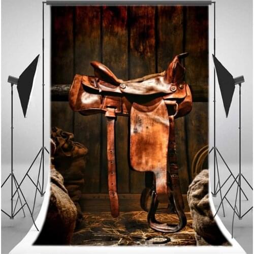 Photography Backdrop West Cowboy Barn Vintage Leather Riding Saddles Straw Gunny Bag Ric Wood Floor
