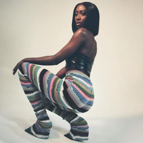 Hirigin Biker Style Knitted Long Pants Women Hipster Skinny Color Blocking Elastic High Weist Simple Casual Streetwear Trousers