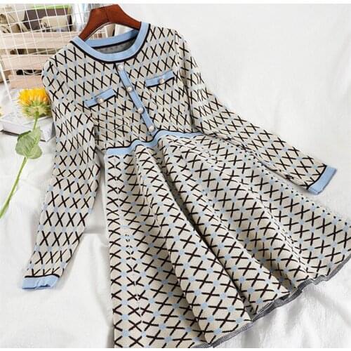 JSXDHK 2020 New Winter Hit Color Plaid Knitted Dress Fashion Women O Neck Single-Breasted Long Sleeve Vintage Mini Sweater Dress