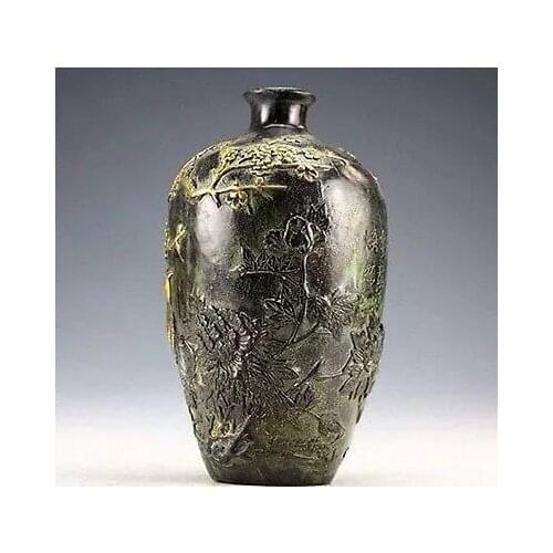 Chinese Vintage Collection Bronze Statues Gold-plating Flower Bird Vase 20cm