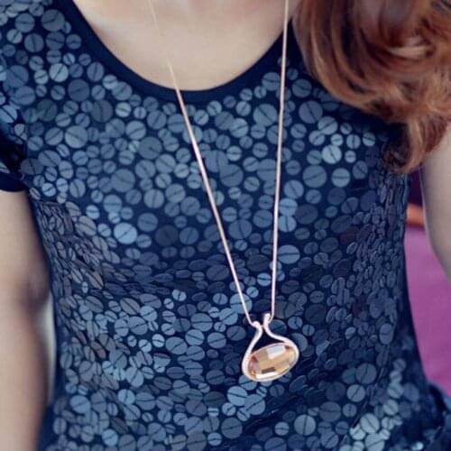 Korean fashion jewelry oval shiny statement sweater chain bohemian crystal necklace female elegant necklace