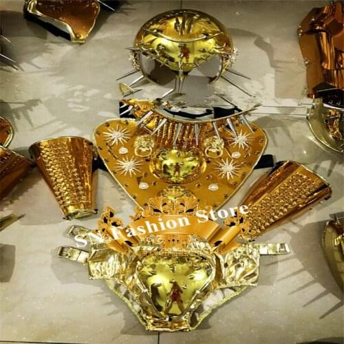 EC74 Ballroom dance stage costumes party show dress wears men armor robot suit dj helmet gold disco bodysuit rivet outfits bar
