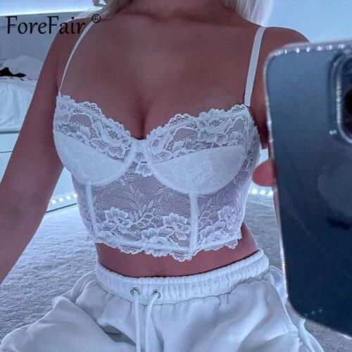 Forefair Lace See Through Women Crop Tops Off Shoulder Low Chest Club Hot 2021 Summer White Slim Tank Tops For Women