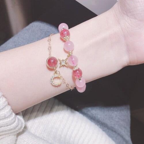 Natural Strawberry Crystal Powder Crystal Transit Star Moon Bracelet Peach Blossom Tanabata Valentines Day Gift Girlfriend Gift