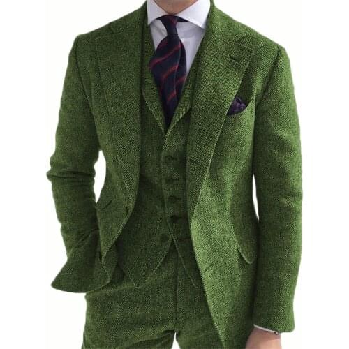 New Green Tweed Herringbone Business Suits Party Suits Retro Classic Tuxedos For Wedding Men‘s Suits 3 Pieces(Jacket+Vest+Pants)
