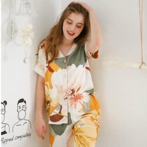 Autumn Casual Pajamas Women Korean Version of The Ink-print Pajamas, Short-sleeved Cropped Trousers Viscose Comfortable Homewear