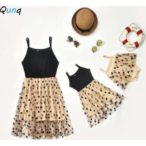 Qunq Mother Daugher Dress 2021 Summer Star Mesh Princess Dresses for Women Baby Kids Girl Mommy and Me Family Matching Clothing