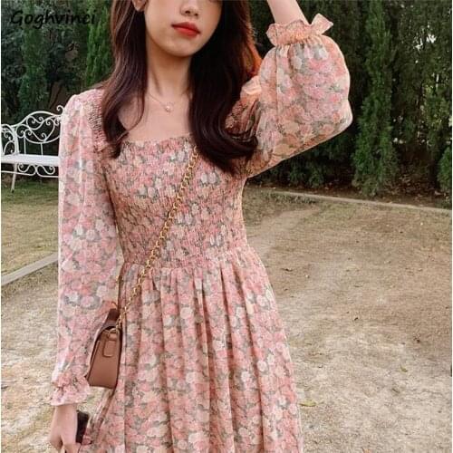 Long Sleeve Dress Women Spring Floral Print Elegant Square Collar Sweet Ruffle Midi Dresses Retro Streetwear Folds Gentle Casual