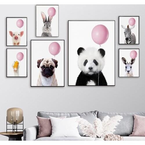 Pink Balloon Kangaroo Panda Zebra Pig Puppy Poster Print Animal Nursery Wall Art Canvas Picture Nordic Kids Baby Room Decoration