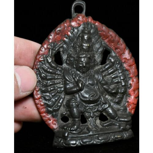 Collect Old Tibet Buddhism Bronze Cinnabar Mahakala Buddha Statue Amulet Pendant Statues for Decoration Collection