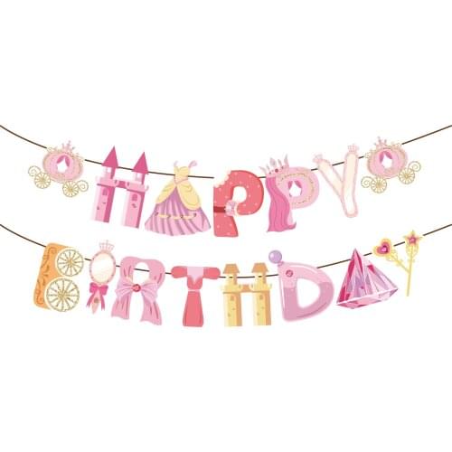 Happy Birthday Party Banners Sweet Pink Princess Castle Girls Party Favor Baby Shower DIY Wall Hanging Bunting Party Decorations
