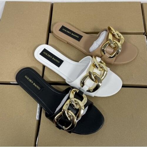 Womens Slippers New Open-toed Gold Chain Comfortable Leisure Outdoor Beach Shoes Woman Large Size Flip Flops Ladies Slides