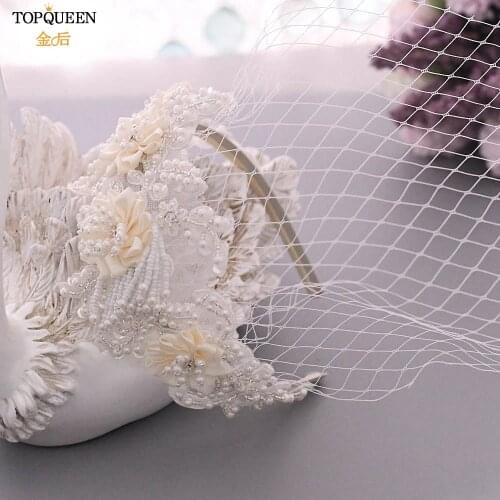 TOPQUEEN S346-WSFG Cheap Stunning Net Wedding Veil Pearl Beaed Bridal Veil Bird Cage Wedding Veils Wedding Headwear Headpiece