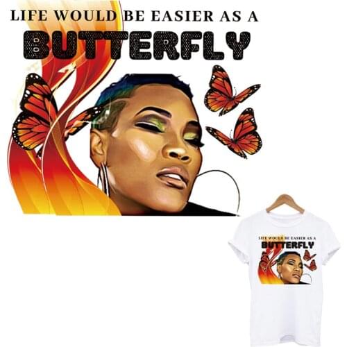 Butterfly Black Girl Thermo Heat Transfer Sticker For Clothes DIY A-Level Washable Iron On Patches On Clothing Applique Decor