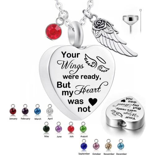 Cremation Jewelry For Ashes Heart Urn Necklace & 12 Birthstones Crystal Keepsake Jewelry-Your Wings Were Ready My Heart Was Not