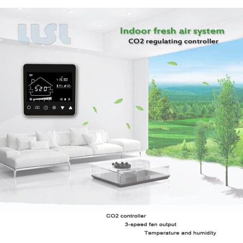 Indoor environment ventilation system controller, with CO2 monitoring, controls 3-speed fan to accelerate indoor air circulation