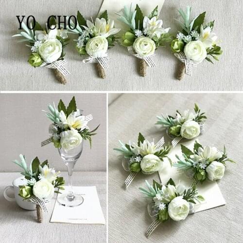 YO CHO Wedding Wrist Flowers Bridesmaid White Silk Rose Corsages Hand Flower Artificial Flowers For Wedding Decoration Party