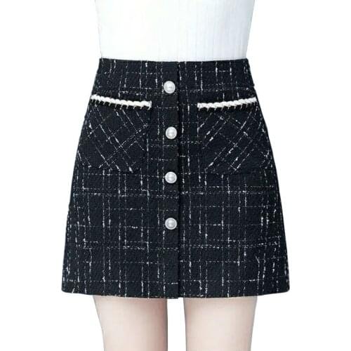 Autumn Winter Woolen Skirt Women fashion Buttons decoration Pocket elegant High waist Tweed Mini Saia Feminina 2021 New LU2125