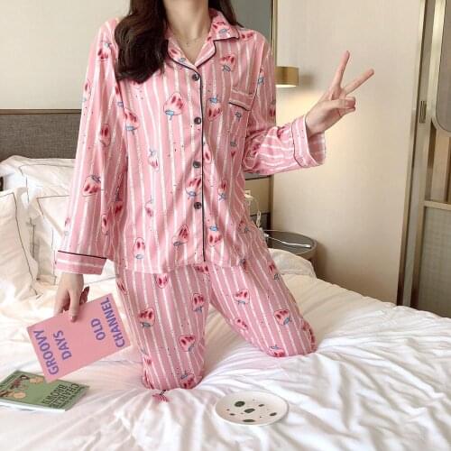 2020 Long Sleeve Cotton Pajamas Sets for Women Spring Autumn Print Sleepwear Pyjamas Young Girl Pajama Sets Women Nightwear Set