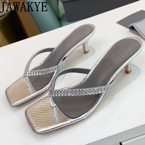 New Crystal flip flops Slippers Woman Gold Silver kitten heel Rhinestone Mules Slippers Summer Hot Sale Luxury Brand Shoes Mujer