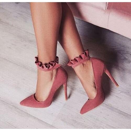 Moraima Snc Pink Ruffle Ankle Strap Heels Pointy Toe Suede Stiletto Heels Pumps Woman Sexy Thin Heels Dress Shoes