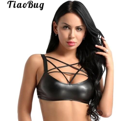 TiaoBug Women Black Wetlook Faux Leather Crop Top Sleeveless Pentagon Straps Harness Club Festival Rave Sexy Bralette Short Tops