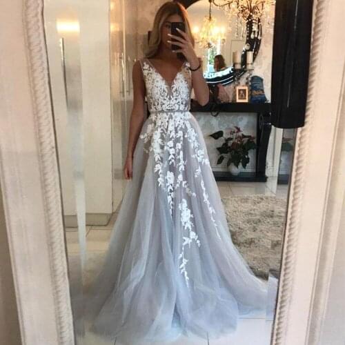 Gray A Line Long Evening Dress with Blet Vestido De Festa Backless Appliques Tulle Prom Dress For Women Sexy Evening Gown 2021