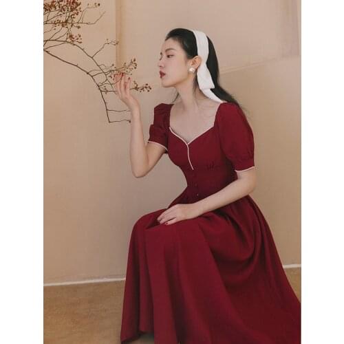 Square Collar French Dress 2021 Summer Palace Style Retro Beaded Chic Puff Sleeve Retro Robe Femme Red Party Dress Vestidos