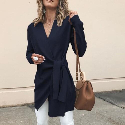 Ropa juvenil mujer 2019 Chic Women Solid Color V Neck Long Sleeve Waist Knotted Casual пальто для женщин Knitted Coat