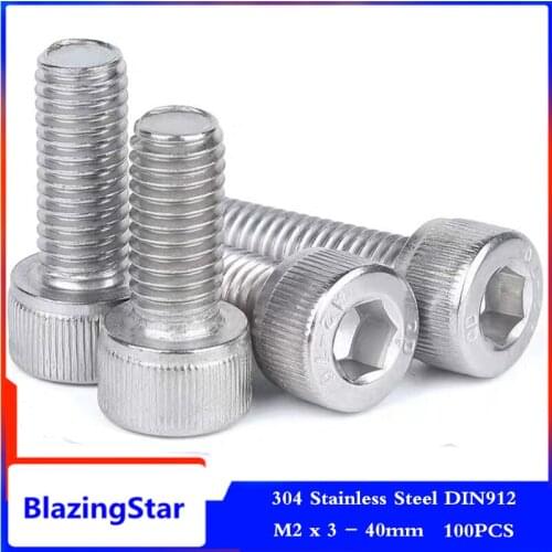100PCS M2 Hexagon Hex Allen Socket Cap Head Screw Metric Screws Bolt Screw DIN912 304 A2 Stainless Steel Length 3mm - 40mm