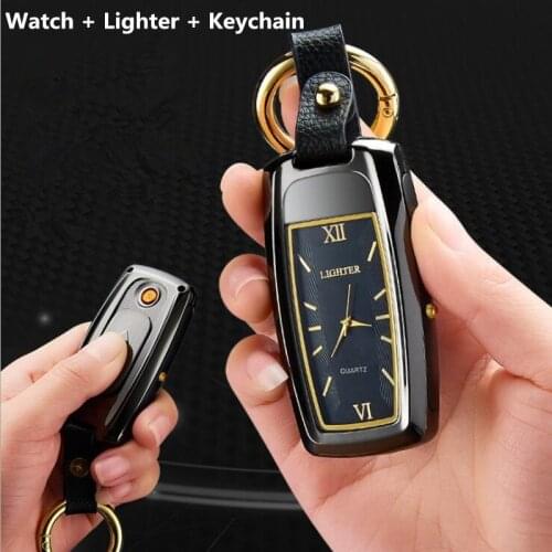 2021 New Creative Multifunctional Watch Lighters Keychain USB Windproof Lighter Cigarette Portable Flashlight Outdoor Gadget
