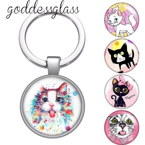 Cartoon cats Lovely Cute cat pet round glass cabochon keychain Bag Car key chain Ring Holder Charms keychains Gifts