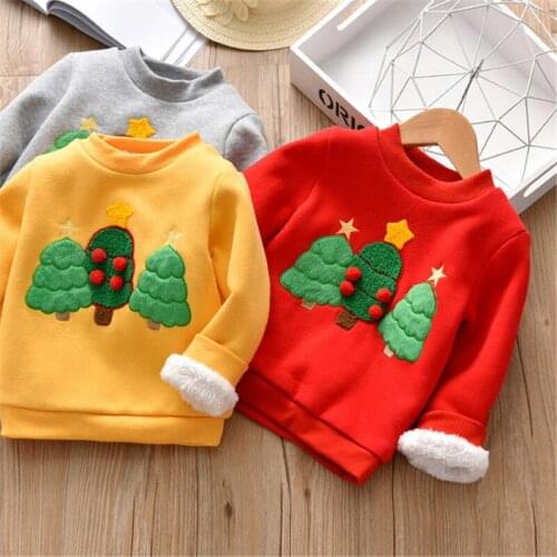 Toddler Kids Hoodies Thicken Plus Velvet Christmas Tree Long Sleeve Sweatshirt Boys Christmas Girls Pullover 2 3 4 5 6 Years