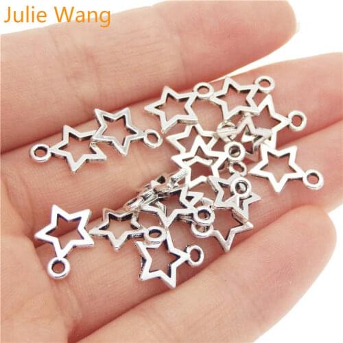 Julie Wang 50PCS Hollow Five-star Charms Bright Silver Plated Mini Alloy Fashion Jewelry Star Pendant Charm Wholesale
