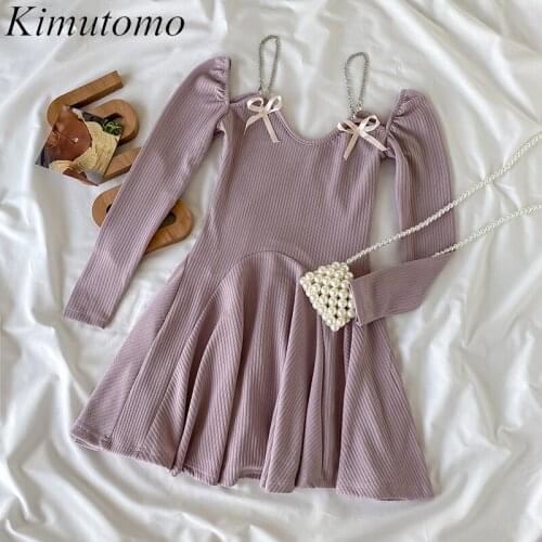 Kimutomo Chic Bow Knit Dress Women Early Autumn 2021 Korea New Clothing Female Long Sleeve O-neck Sweet Mini Vestido Elegant